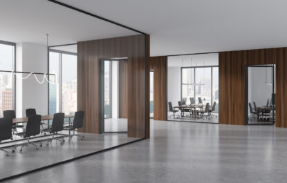 White office room interior with conference room and coworking zone behind glass doors, side view. Panoramic window on Singapore city view. 3D rendering